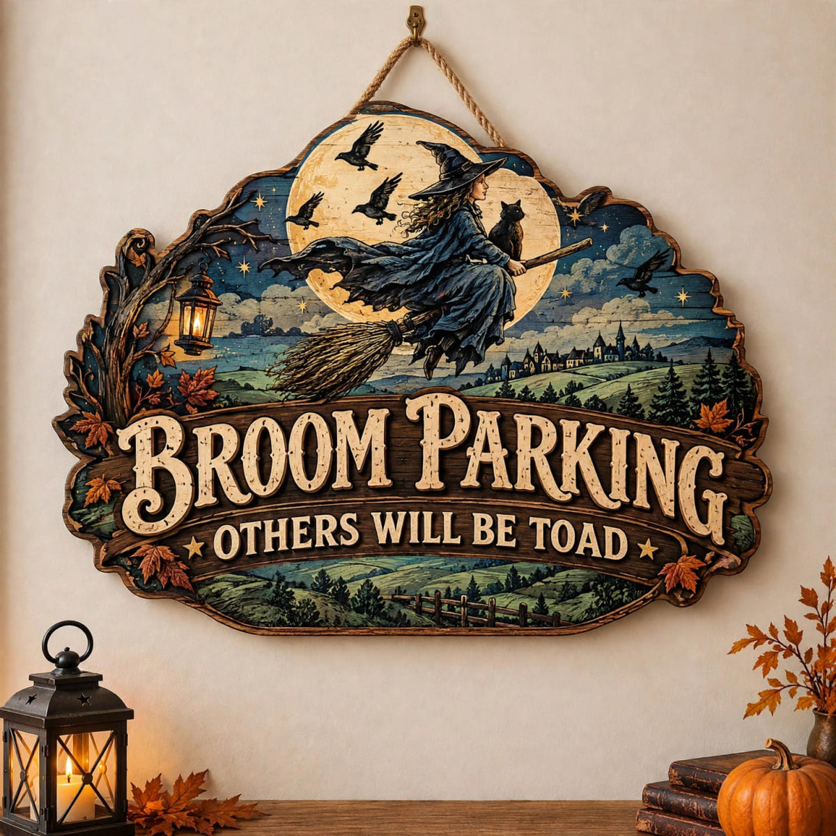 Flying Witch With Crows Broom Parking Sign Others Will Be Toad Wooden Decor