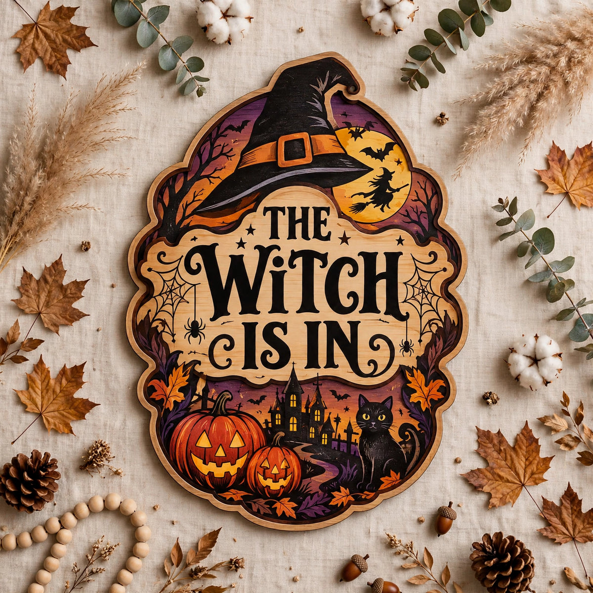The Witch Is In Wooden Sign Door Hanger For Halloween Witch Hat Black Cat Pumpkin Decor