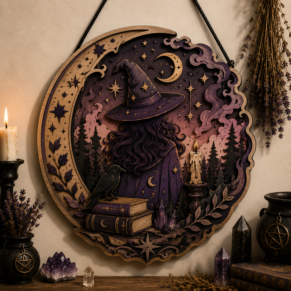Moonlit Witch Forest Layered Wooden Wall Art For Witchcore Gothic Home Decor
