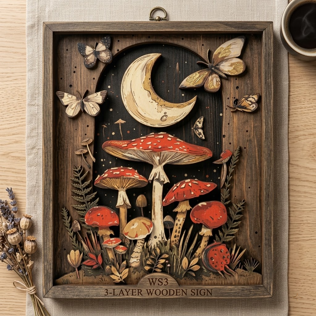 Mushroom And Butterfly Witchery Pagan Wooden Sign 3 Layer Art