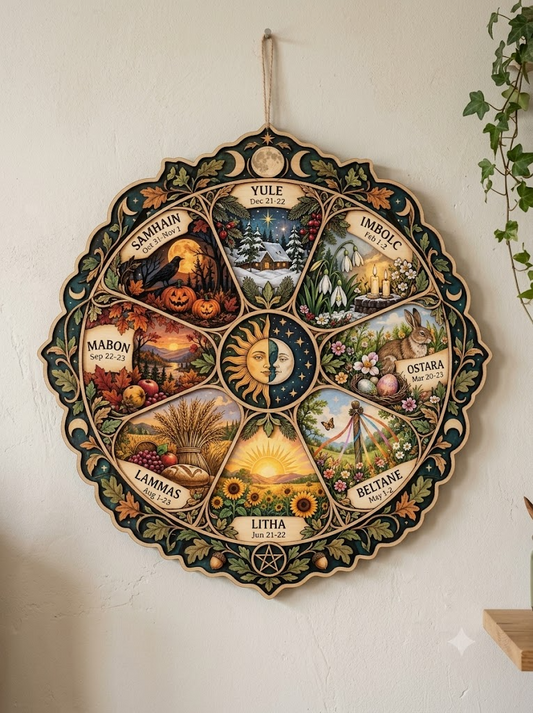 Wheel Of The Year Wooden Wall Art, Pagan Decor, Wiccan Wall Hanging, Witchy Cottagecore