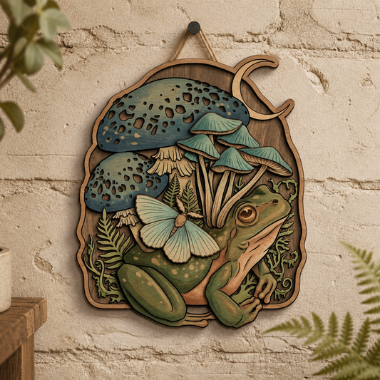 Moon Celestial Botanical Wooden Sign Mushroom Frog Rustic Wall Art