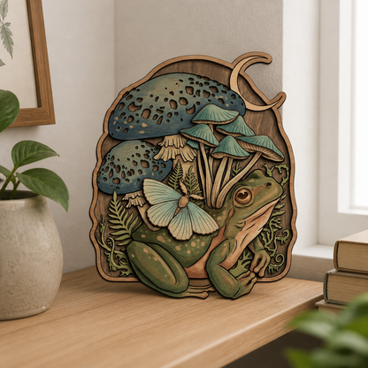 Moon Celestial Botanical Wooden Sign Mushroom Frog Rustic Wall Art