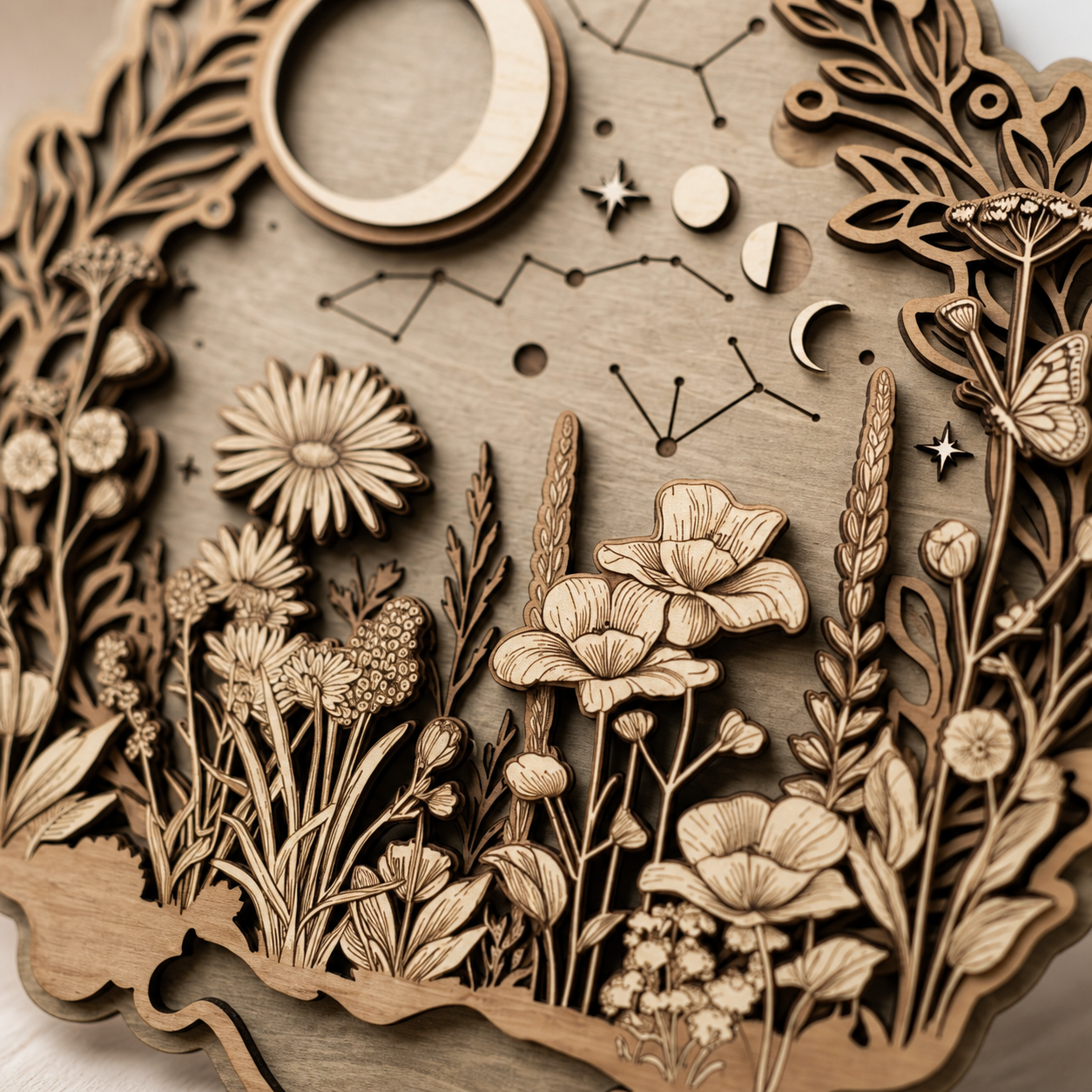 Moon Wall Decor Wooden Sign Celestial Floral Meadow Round Wood