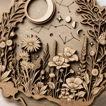 Moon Wall Decor Wooden Sign Celestial Floral Meadow Round Wood