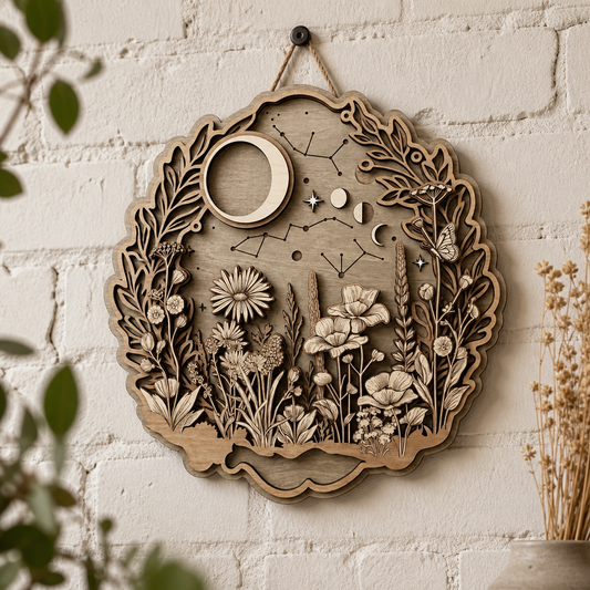 Moon Wall Decor Wooden Sign Celestial Floral Meadow Round Wood