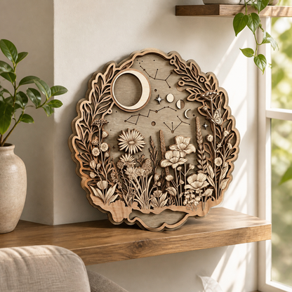 Moon Wall Decor Wooden Sign Celestial Floral Meadow Round Wood