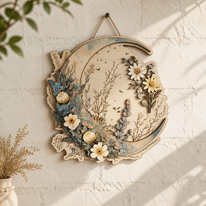 Crescent Moon Wooden Sign Wildflowers Rustic Celestial Wall Decor