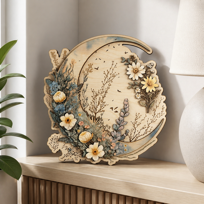 Crescent Moon Wooden Sign Wildflowers Rustic Celestial Wall Decor
