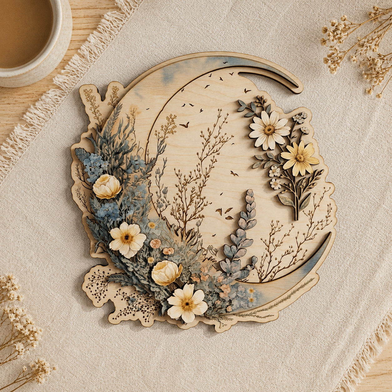Crescent Moon Wooden Sign Wildflowers Rustic Celestial Wall Decor