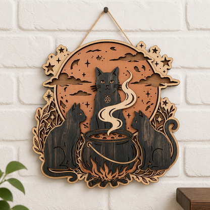 Kitchen Witchery Three Black Cats Halloween Cauldron Wooden Sign Rustic Spooky Wood Wall Decor