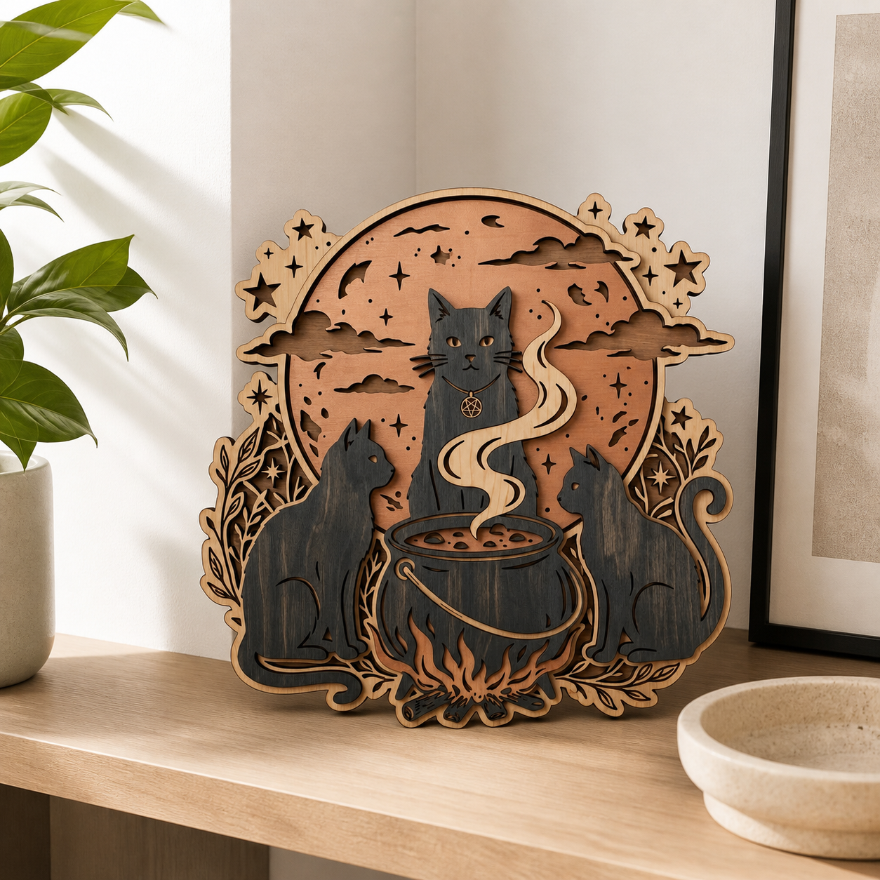 Kitchen Witchery Three Black Cats Halloween Cauldron Wooden Sign Rustic Spooky Wood Wall Decor