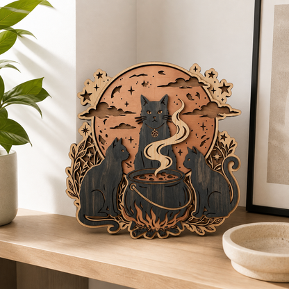 Kitchen Witchery Three Black Cats Halloween Cauldron Wooden Sign Rustic Spooky Wood Wall Decor