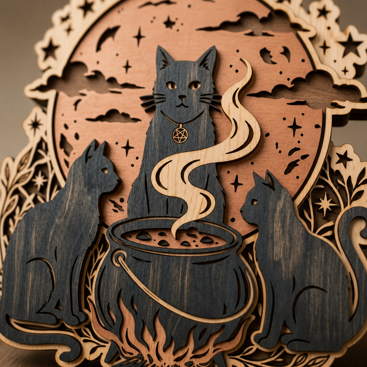 Kitchen Witchery Three Black Cats Halloween Cauldron Wooden Sign Rustic Spooky Wood Wall Decor