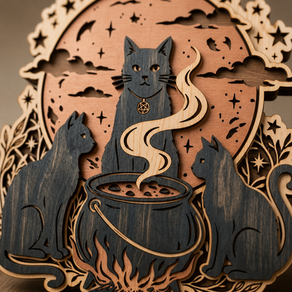 Kitchen Witchery Three Black Cats Halloween Cauldron Wooden Sign Rustic Spooky Wood Wall Decor
