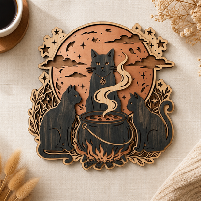 Kitchen Witchery Three Black Cats Halloween Cauldron Wooden Sign Rustic Spooky Wood Wall Decor