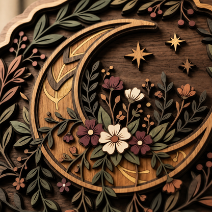 Celestial Floral Crescent Moon Star Wooden Sign, Rustic Wall Art