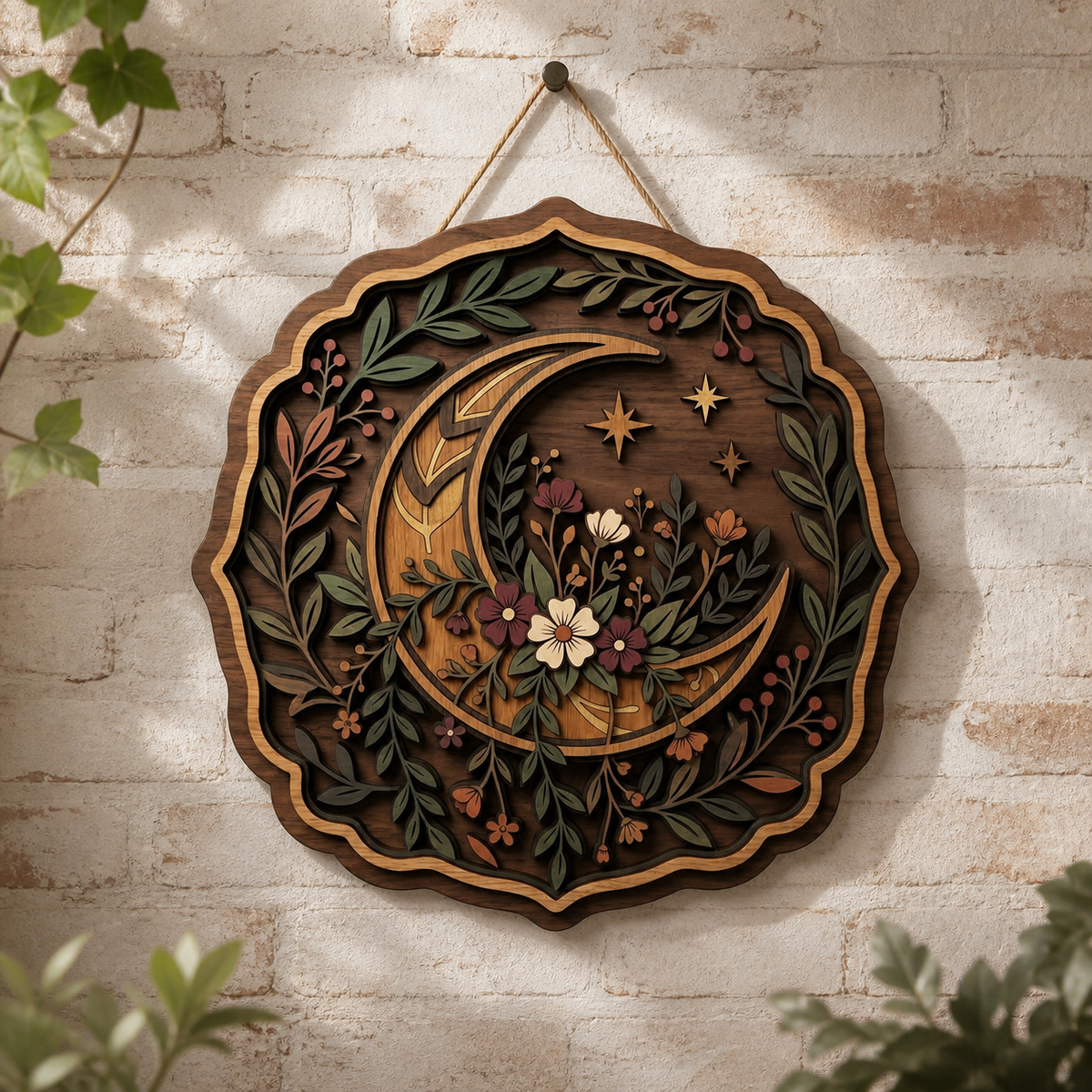 Celestial Floral Crescent Moon Star Wooden Sign, Rustic Wall Art