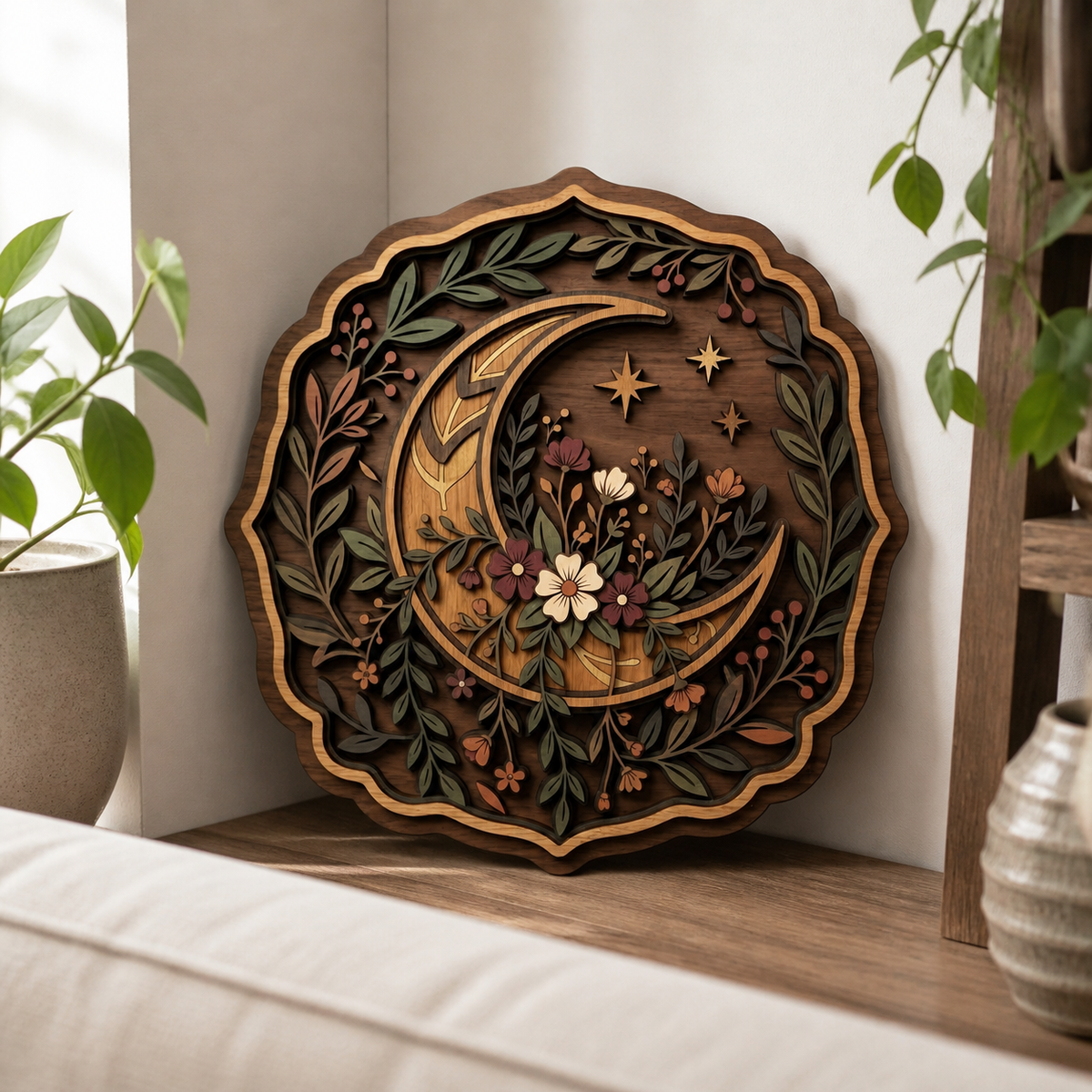 Celestial Floral Crescent Moon Star Wooden Sign, Rustic Wall Art