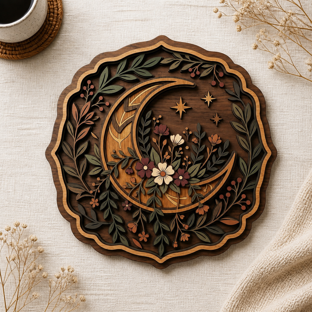 Celestial Floral Crescent Moon Star Wooden Sign, Rustic Wall Art