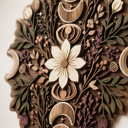 Moonphase Wooden Sign, Crescent Moon Floral Decor