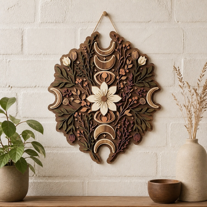 Moonphase Wooden Sign, Crescent Moon Floral Decor