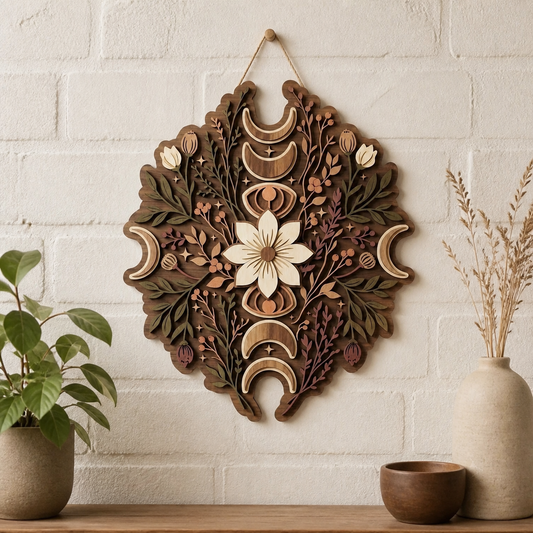 Moonphase Wooden Sign, Crescent Moon Floral Decor