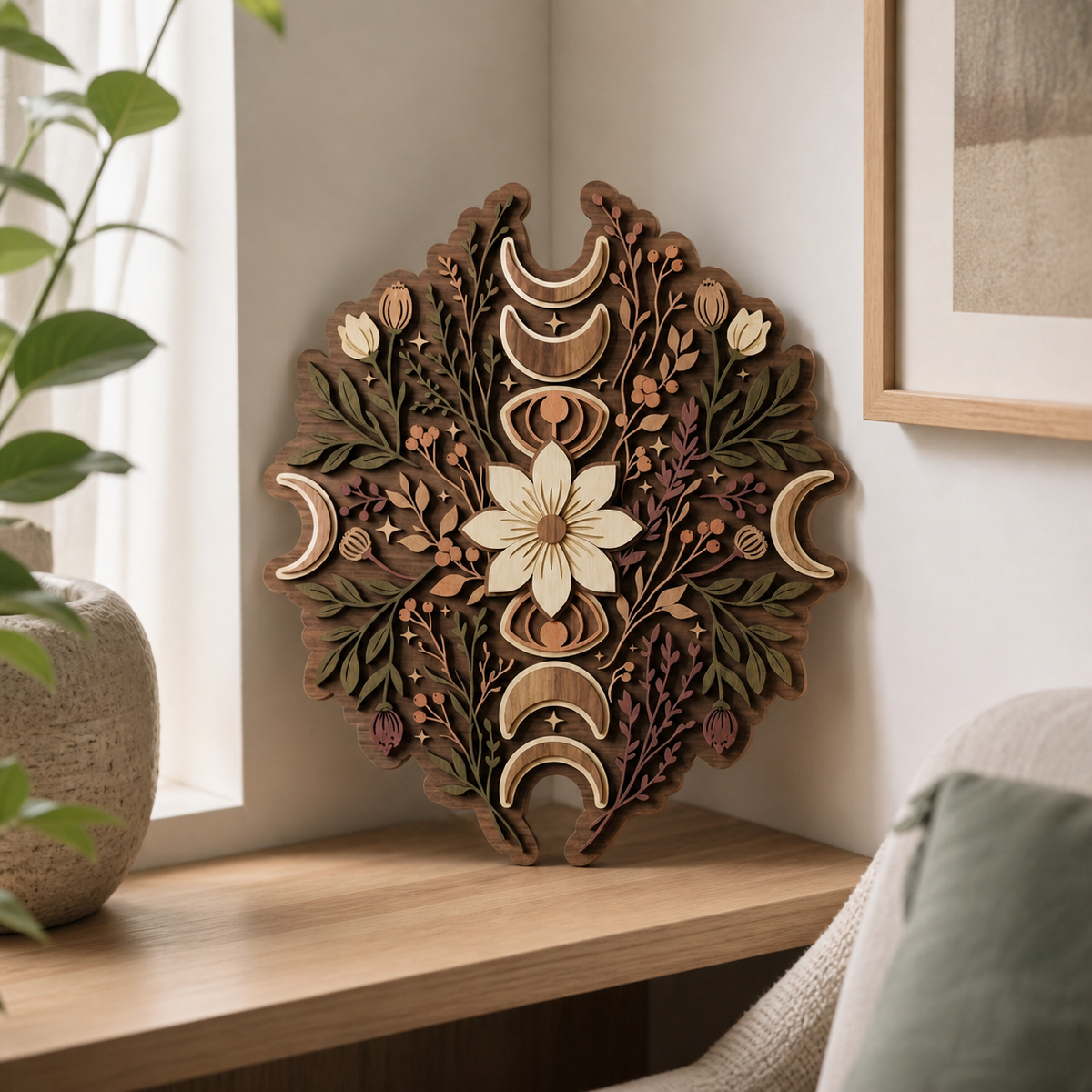 Moonphase Wooden Sign, Crescent Moon Floral Decor