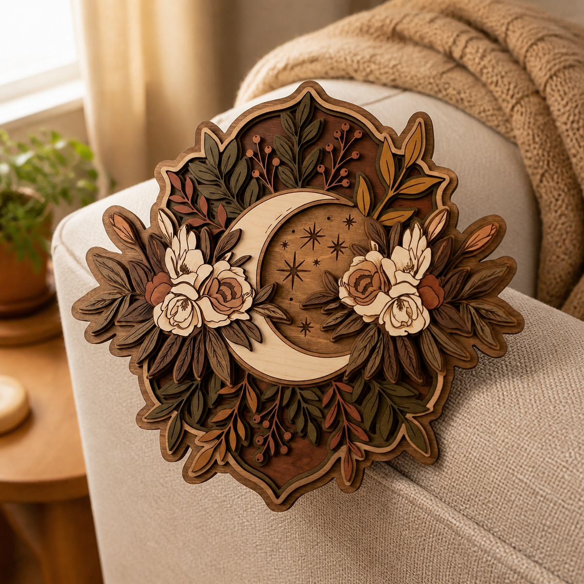 Crescent Moon Wooden Sign, Moonphase Floral Decor