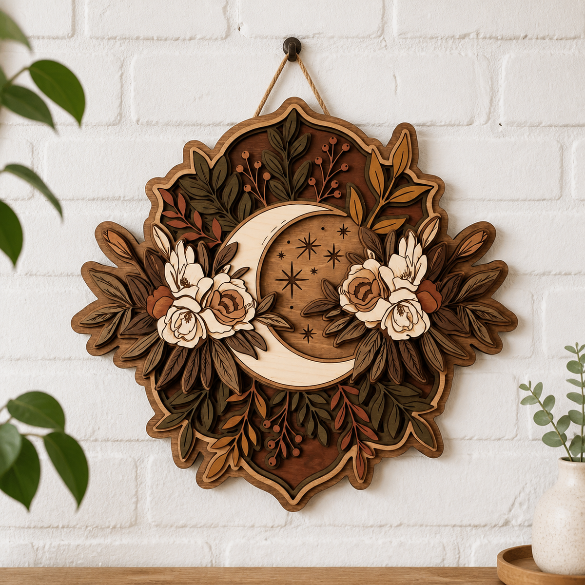 Crescent Moon Wooden Sign, Moonphase Floral Decor