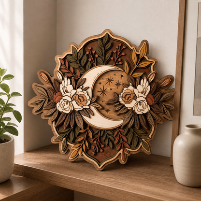 Crescent Moon Wooden Sign, Moonphase Floral Decor