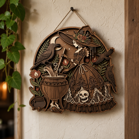 Witchy Floral Crescent Moon Skull Ravens Cauldron Wooden Sign