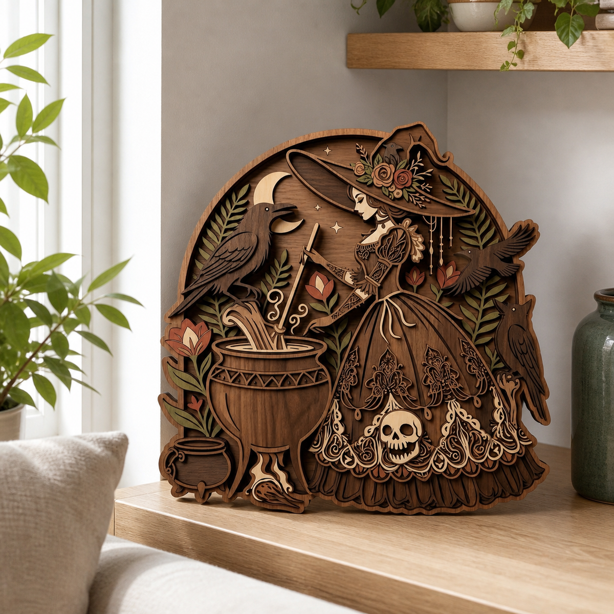 Witchy Floral Crescent Moon Skull Ravens Cauldron Wooden Sign