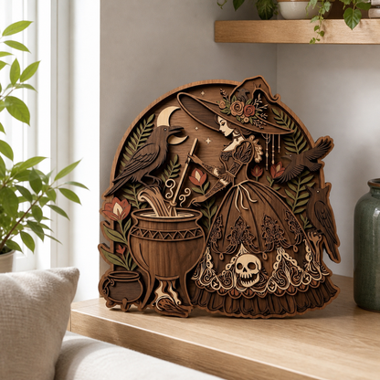 Witchy Floral Crescent Moon Skull Ravens Cauldron Wooden Sign