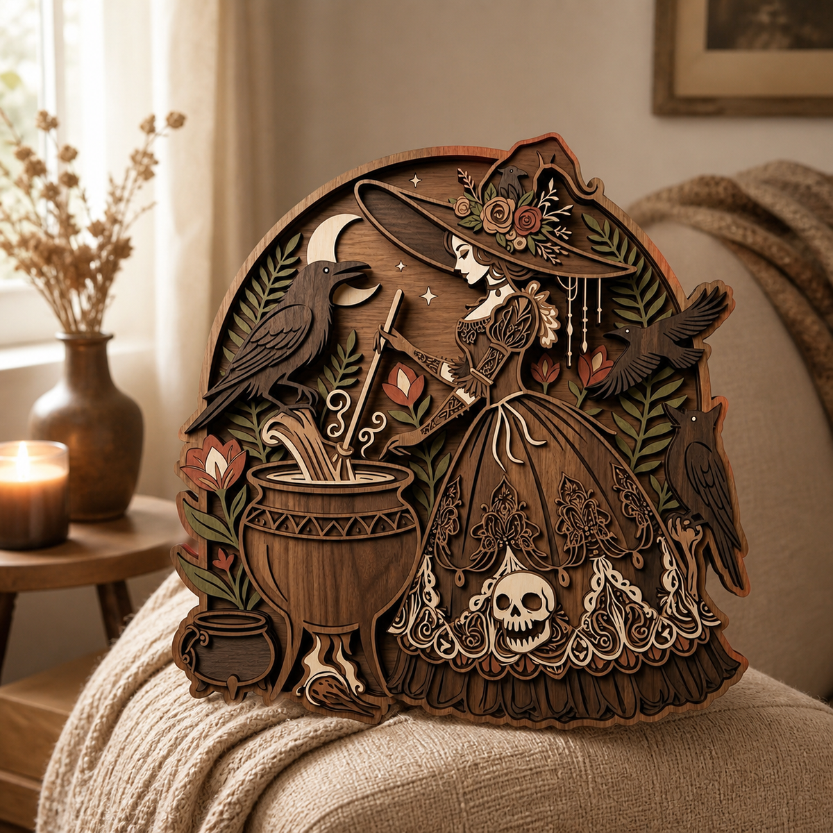 Witchy Floral Crescent Moon Skull Ravens Cauldron Wooden Sign