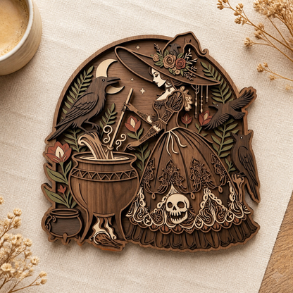 Witchy Floral Crescent Moon Skull Ravens Cauldron Wooden Sign