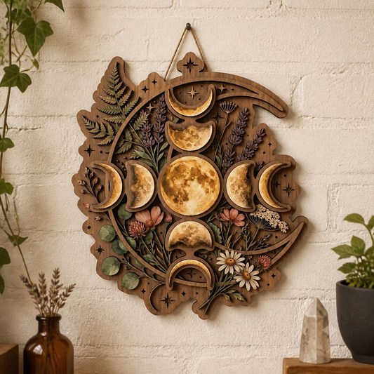 Floral Moonphase Wooden Sign, Lavender Lunar Cycle Art