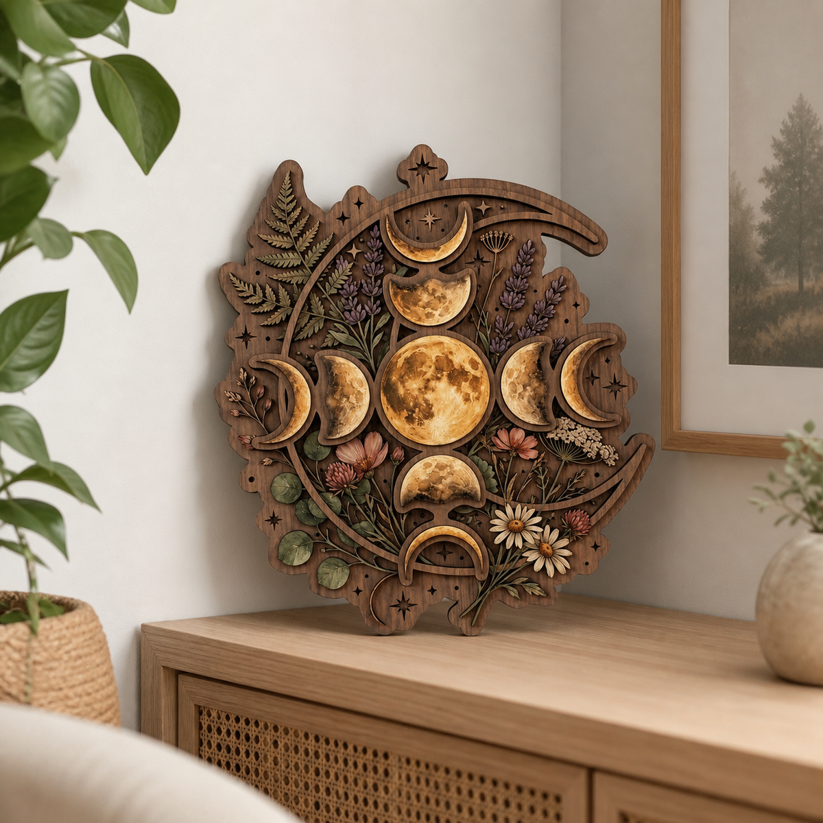 Floral Moonphase Wooden Sign, Lavender Lunar Cycle Art
