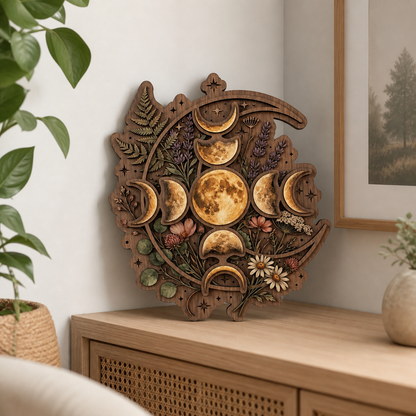 Floral Moonphase Wooden Sign, Lavender Lunar Cycle Art