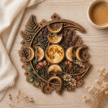 Floral Moonphase Wooden Sign, Lavender Lunar Cycle Art