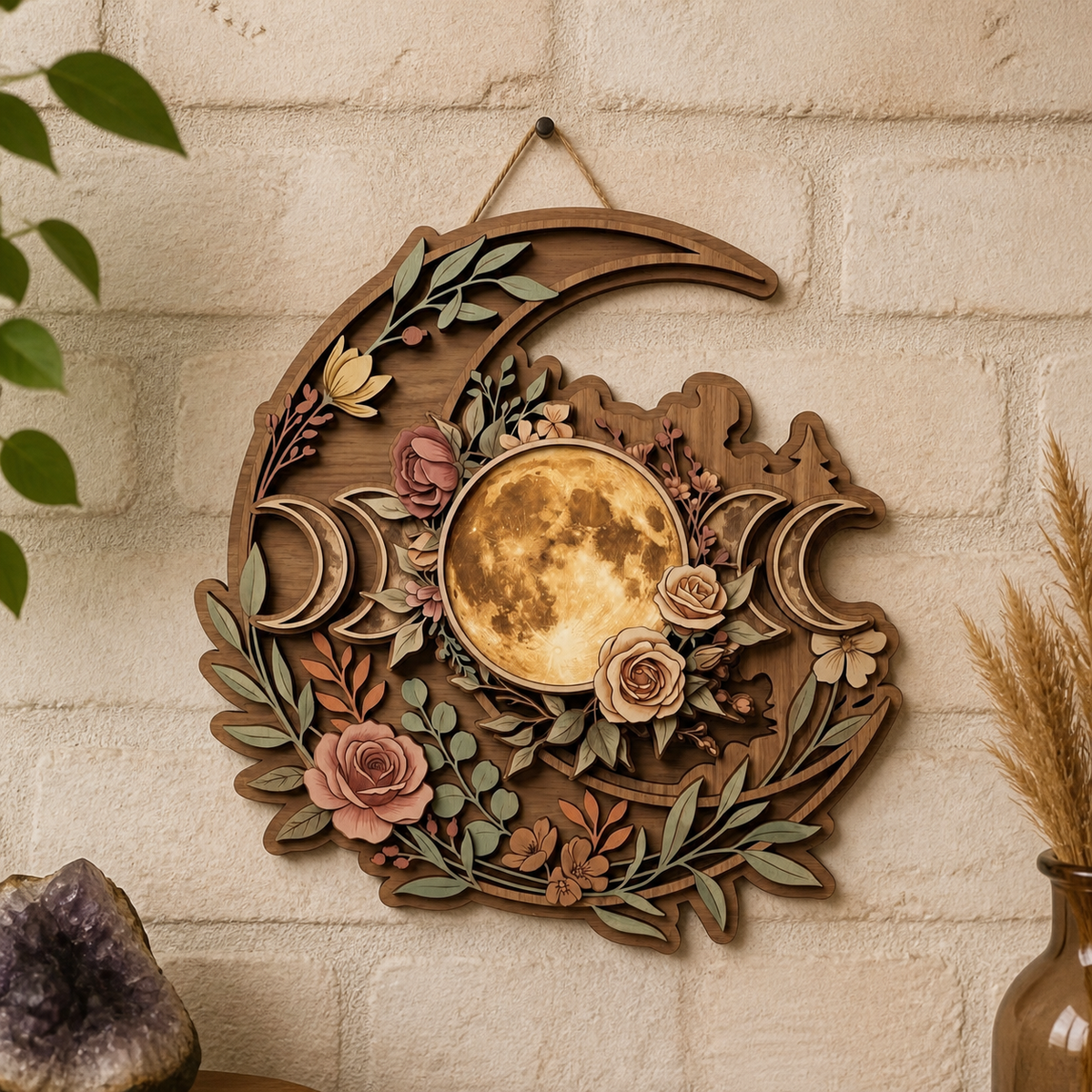 Floral Tripplemoon Wooden Sign, Celestial Rose And Crescent Moon Decor