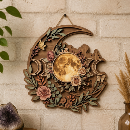 Floral Tripplemoon Wooden Sign, Celestial Rose And Crescent Moon Decor