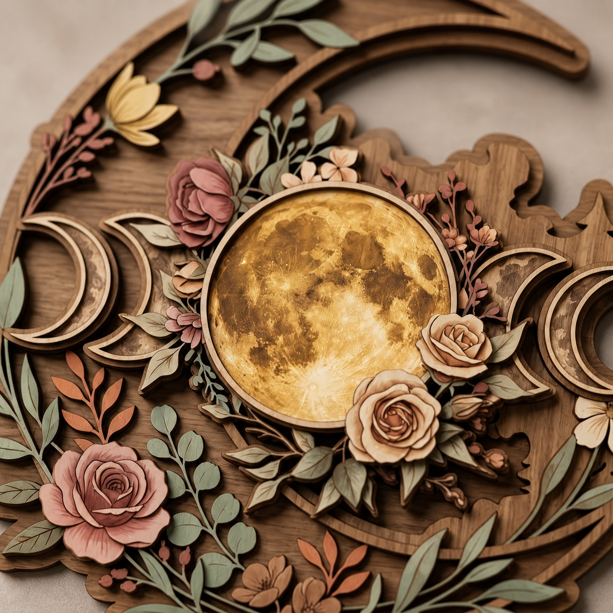 Floral Tripplemoon Wooden Sign, Celestial Rose And Crescent Moon Decor