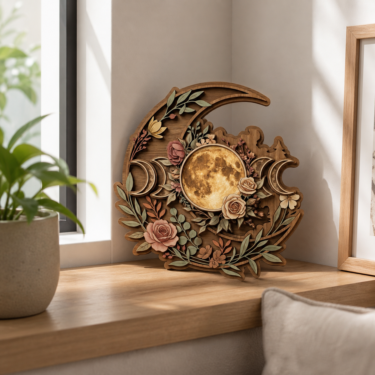 Floral Tripplemoon Wooden Sign, Celestial Rose And Crescent Moon Decor