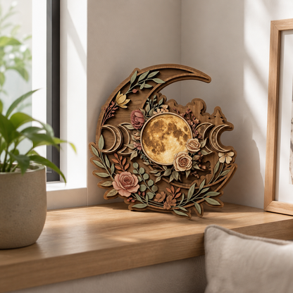 Floral Tripplemoon Wooden Sign, Celestial Rose And Crescent Moon Decor