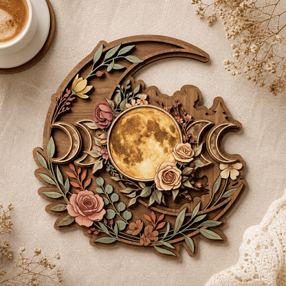 Floral Tripplemoon Wooden Sign, Celestial Rose And Crescent Moon Decor
