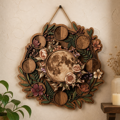Moonphase Multi Layer Wooden Sign Floral Lunar Wall Decor