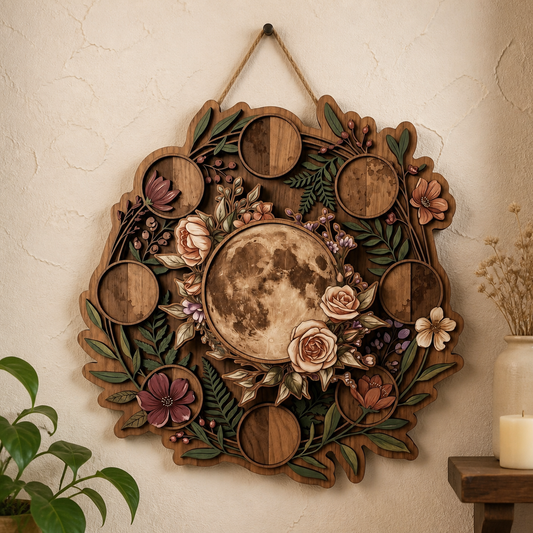 Moonphase Multi Layer Wooden Sign Floral Lunar Wall Decor