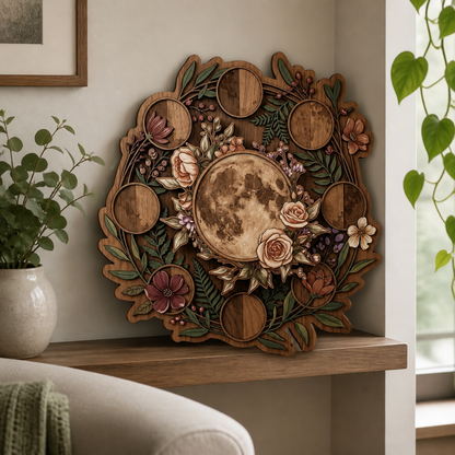 Moonphase Multi Layer Wooden Sign Floral Lunar Wall Decor