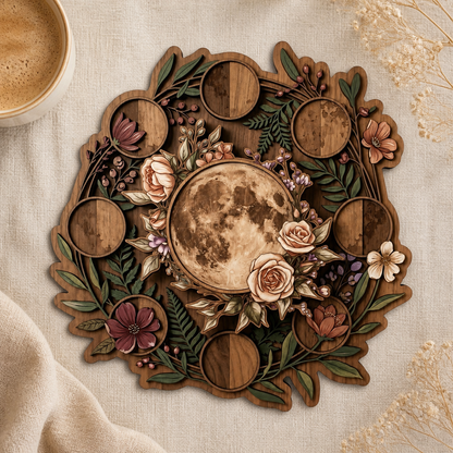 Moonphase Multi Layer Wooden Sign Floral Lunar Wall Decor